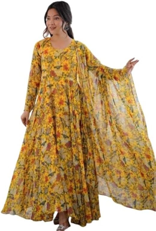 ISRL Enterprise Floral Print Georgette Gown Set with Pant & Dupatta