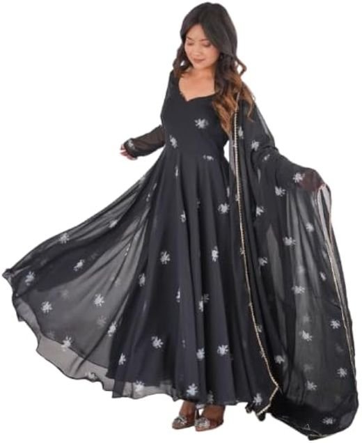 ISRL Enterprise Classic Black Floral Printed Anarkali Gown with Soft