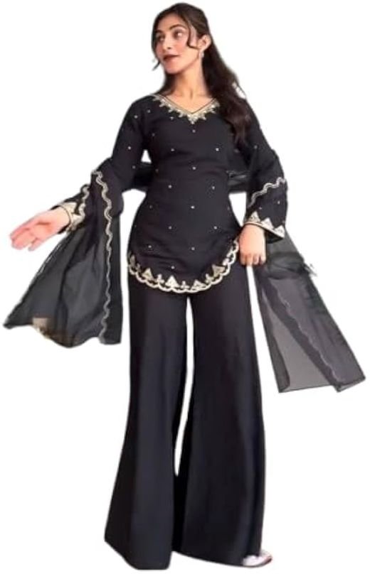 ISRL Enterprise Heavy Embroidered Crepe Silk Top with Sharara Palazzo