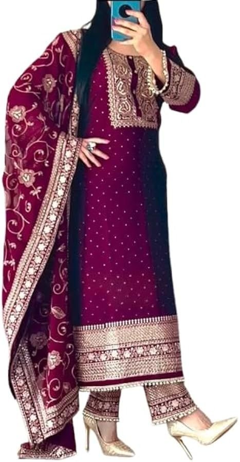 ISRL Enterprise Heavy Faux Georgette Embroidered Kurta Pant Dupatta Set