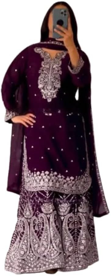 ISRL Enterprise Heavy Chinon Silk Embroidered Sharara Suit Set with Kurta