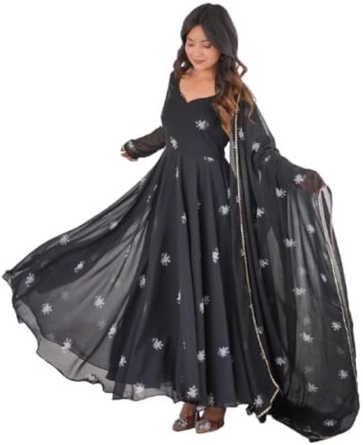 ISRL Enterprise Black Georgette Flared Anarkali Gown with Floral Prints