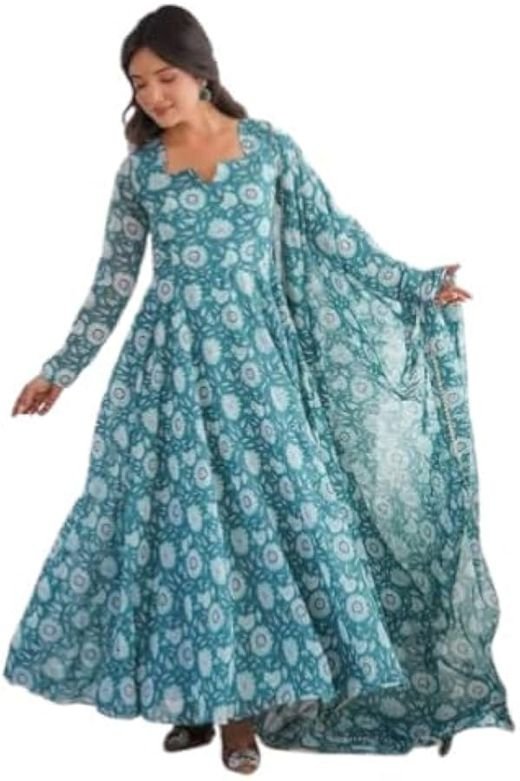ISRL Enterprise Teal Green Floral Printed Anarkali Gown with Matching