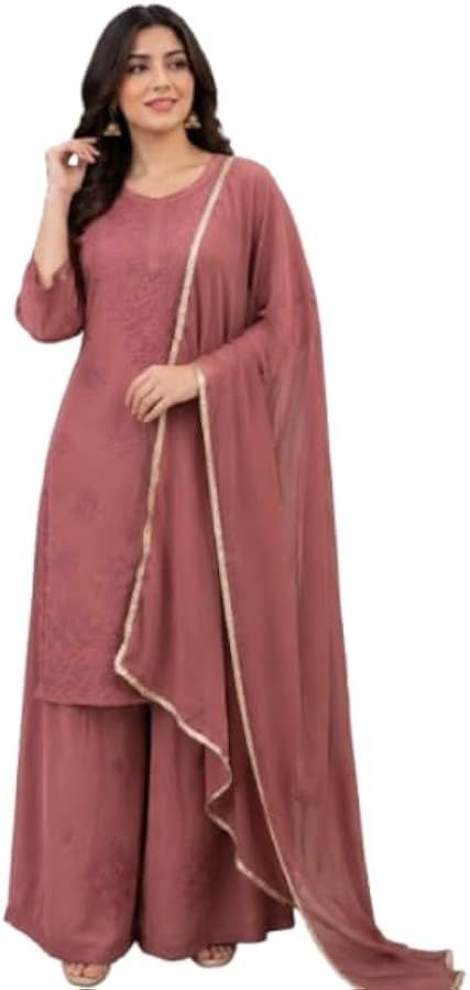 ISRL Enterprise Mauve Embroidered Kurti Palazzo Dupatta Set Ethnic