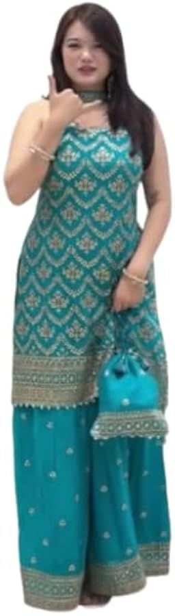 ISRL Enterprise Turquoise Blue Heavy Embroidered Sharara Suit