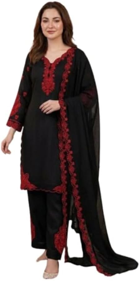 ISRL Enterprise Black Embroidered Kurti Pant Dupatta Set Ethnic