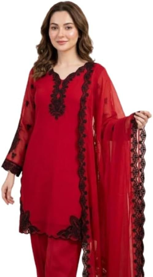 ISRL Enterprise Red Black Embroidered Kurta Pant Dupatta Set Festive