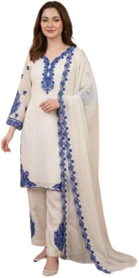 ISRL Enterprise White Blue Embroidered Kurta Pant Dupatta Set Festive