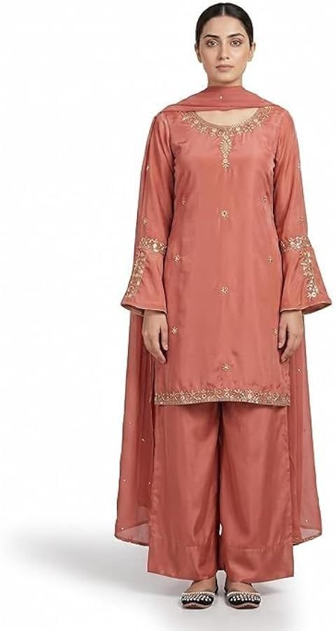 ISRL Enterprise Sharara Suit Set Crush Silk Embroidered Top Sharara