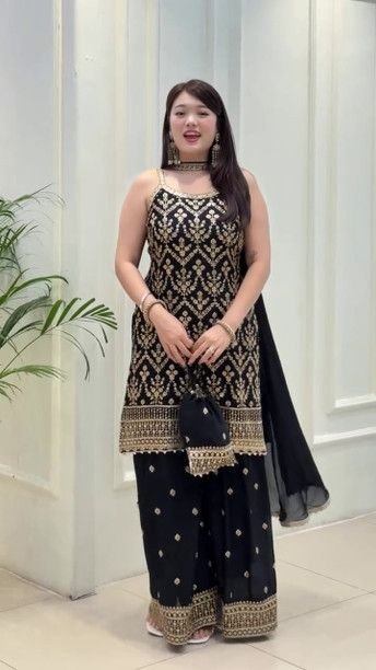 ISRL Enterprise Georgette Kurti Palazzo Dupatta Set