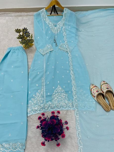 ISRL Enterprise Georgette Kurta Palazzo Dupatta Set