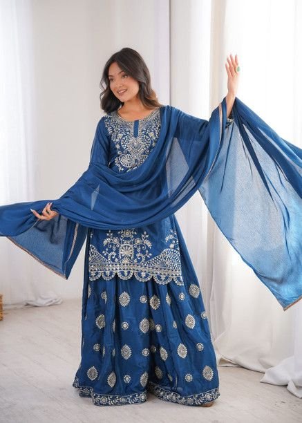 ISRL Enterprise Chiffon Kurti Sharara Dupatta Set