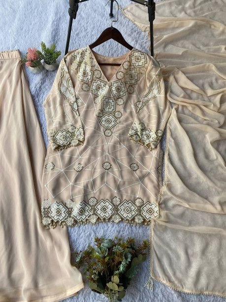 ISRL Enterprise Georgette Kurta Palazzo Dupatta Set