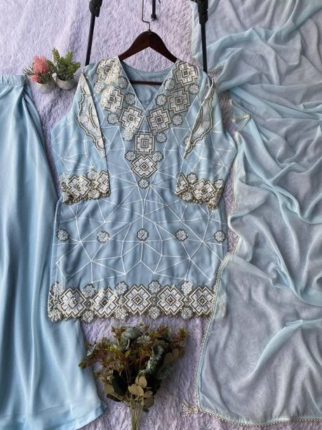 ISRL Enterprise Georgette Kurta Palazzo Dupatta Set