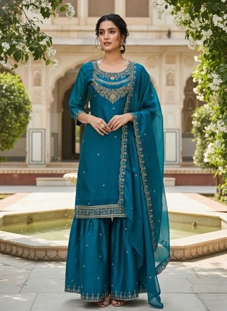ISRL Enterprise Silk Blend Kurta Sharara Dupatta Set