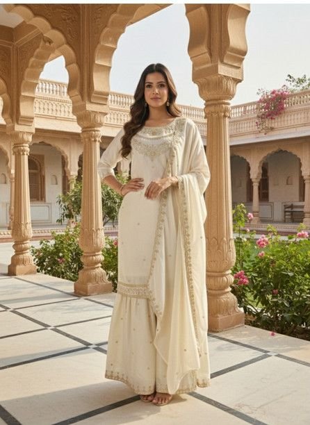 ISRL Enterprise Silk Blend Kurta Sharara Dupatta Set