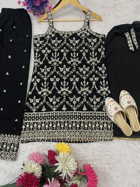 ISRL Enterprise Georgette Kurti Palazzo Dupatta Set