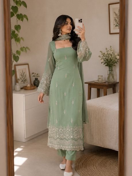 ISRL Enterprise Georgette Kurta Pant Dupatta Set