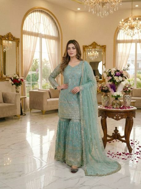 ISRL Enterprise Silk Blend Kurta Palazzo Dupatta Set