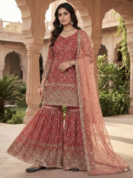 ISRL Enterprise Silk Blend Kurta Palazzo Dupatta Set