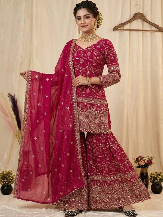 ISRL Enterprise Embroidered Sequinned Kurta with Sharara & Dupatta