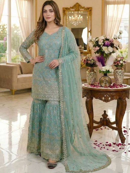 ISRL Enterprise Embroidered Sequinned Kurta with Sharara & Dupatta