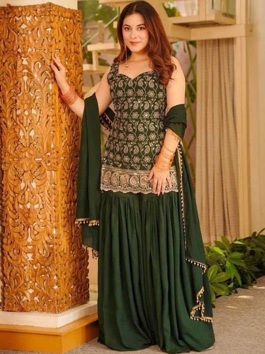 ISRL Enterprise Embroidered Sequinned Kurti with Sharara & Dupatta