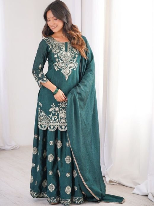 ISRL Enterprise Embroidered Thread Work Silk Chiffon Kurta with Sharara
