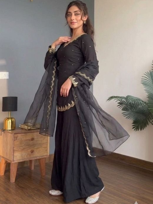 ISRL Enterprise Embroidered Kurta with Sharara & Dupatta