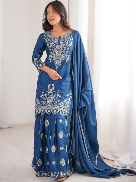 ISRL Enterprise Embroidered Thread Work Silk Chiffon Kurta with Sharara