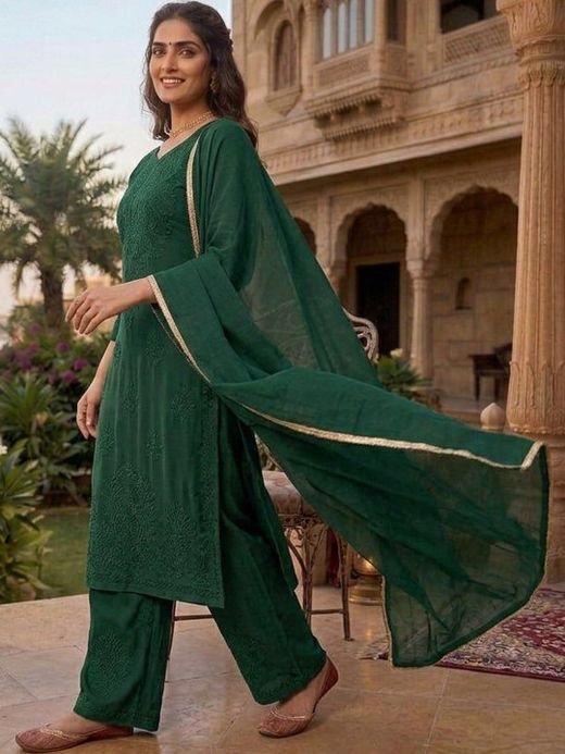 ISRL Enterprise Embroidered Thread Work Kurta with Palazzos & Dupatta