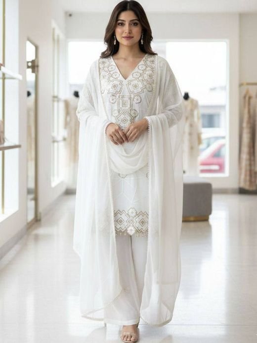 ISRL Enterprise Embroidered Sequinned Kurta with Palazzos & Dupatta