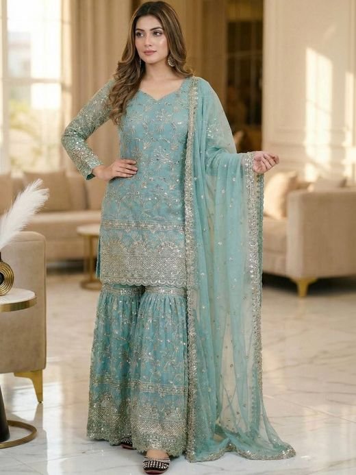 ISRL Enterprise Embroidered Sequinned Kurta with Sharara & Dupatta