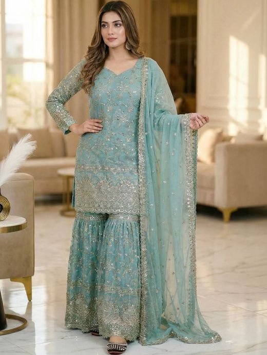 ISRL Enterprise Embroidered Sequinned Kurta with Sharara & Dupatta