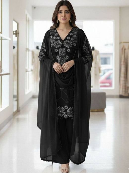 ISRL Enterprise Embroidered Thread Work Kurta with Palazzos & Dupatta