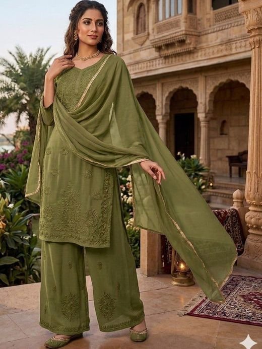 ISRL Enterprise Embroidered Thread Work Kurta with Palazzos & Dupatta