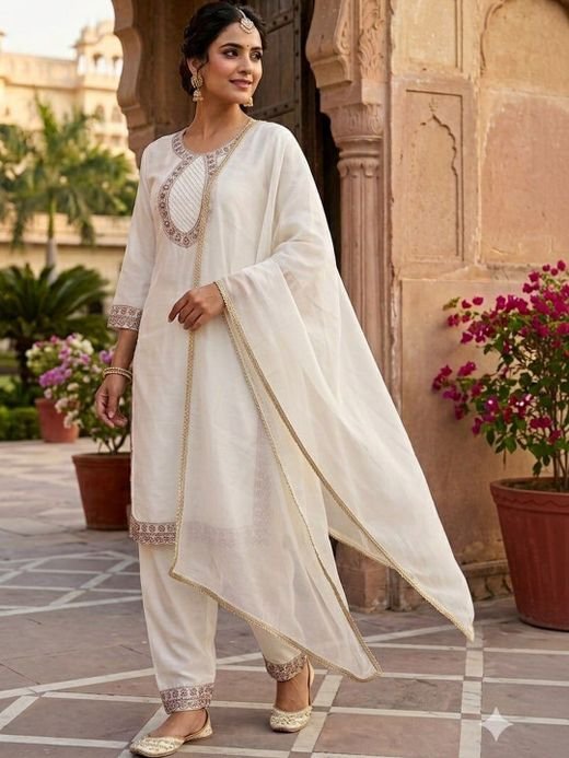 ISRL Enterprise Embroidered Pure Silk Kurta with Trousers & Dupatta