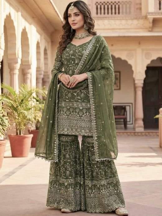 ISRL Enterprise Embroidered Sequinned Kurta with Sharara & Dupatta