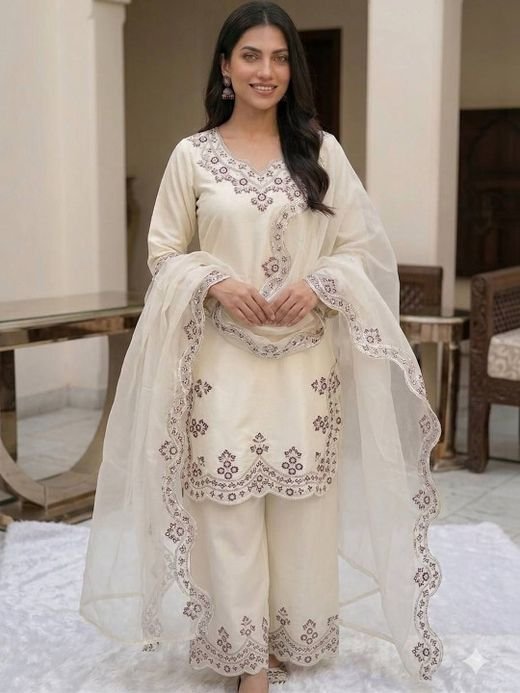 ISRL Enterprise Embroidered Thread Work Kurta with Palazzos & Dupatta