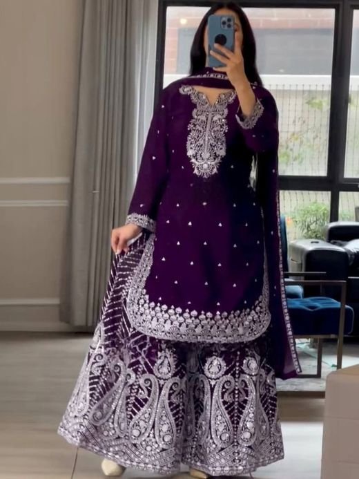 ISRL Enterprise Embroidered Thread Work Kurta with Sharara & Dupatta