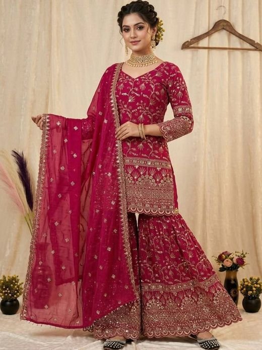ISRL Enterprise Embroidered Kurta with Sharara & Dupatta