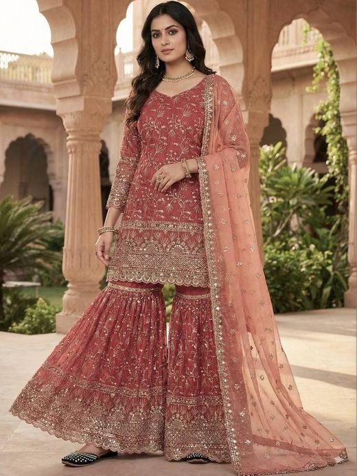 ISRL Enterprise Embroidered Sequinned Kurta with Sharara & Dupatta