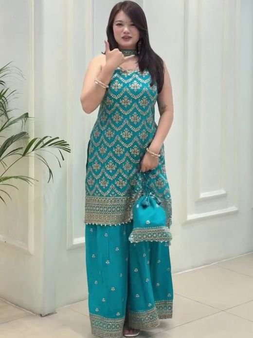 ISRL Enterprise Embroidered Sequinned Kurta with Palazzos & Dupatta