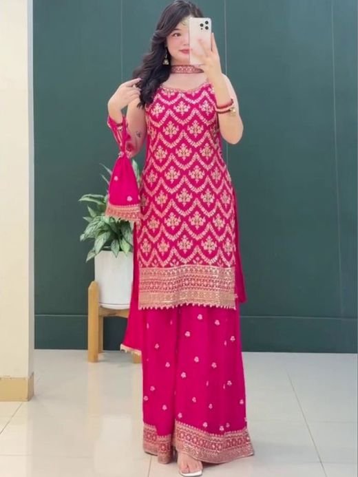 ISRL Enterprise Embroidered Thread Work Kurta with Palazzos & Dupatta